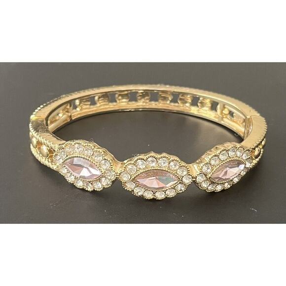 Signed Monet Size 7.25 Tennis Bracelet Pink Clear Stretch Rhinestones Gold Plate - Picture 9 of 13